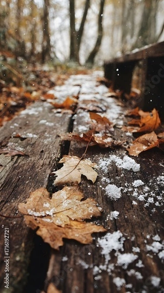 Fototapeta Earthy tone photograph of autumn leaves and crystalline snow on a wooden path, peaceful vibe, no text or logo