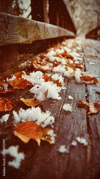 Fototapeta Earthy tone photograph of autumn leaves and crystalline snow on a wooden path, peaceful vibe, no text or logo