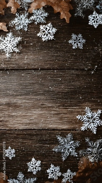 Fototapeta Snowflake overlays on dry brown leaves and wood grain surface, vertical frame, no text or logo