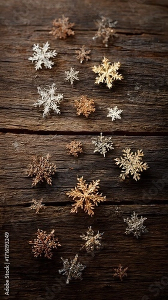 Fototapeta Snowflake overlays on dry brown leaves and wood grain surface, vertical frame, no text or logo