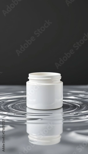 Fototapeta Open jar in the water: The pristine white jar sits elegantly amidst rippling water, inviting a sense of tranquility and purity. It's a moment of quiet grace and modern simplicity.