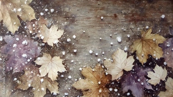 Fototapeta Muted wood tones with snow-speckled autumn leaves