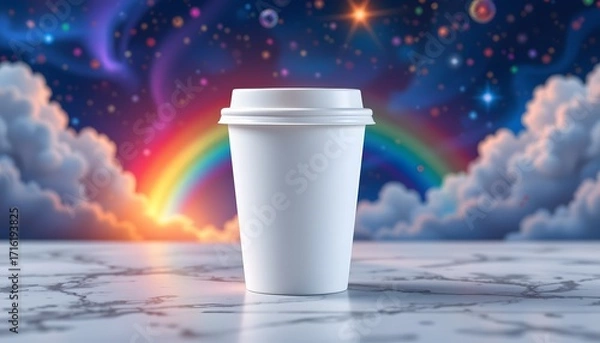 Fototapeta Celestial Brew: A blank, pristine paper cup stands alone against a backdrop of a mesmerizing celestial canvas, inviting the viewer to imagine a beverage and the journey it embodies.