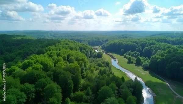 Obraz peaceful nature landscape with flowing river - scenic aerial forest view with river