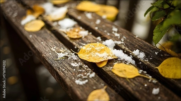 Fototapeta Light snowfall and golden leaves gently arranged on timber