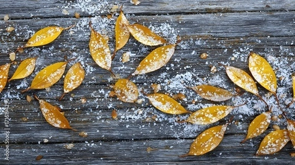 Fototapeta Light snowfall and golden leaves gently arranged on timber