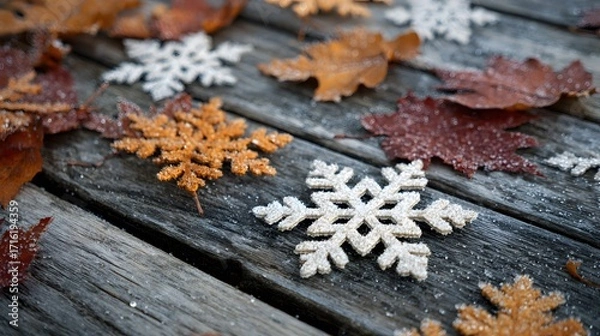 Fototapeta Snowflake shapes and fallen leaves artistically placed on wooden boards