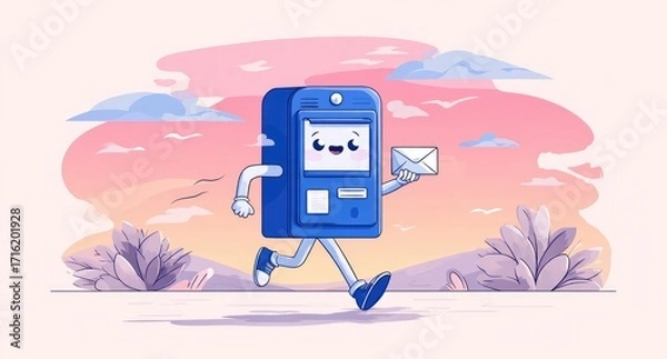 Obraz Animated blue mail-receiving box running with envelope