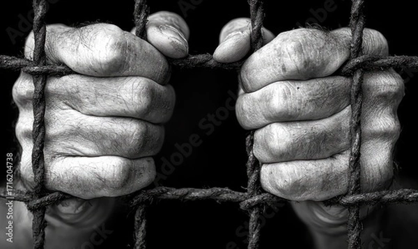 Fototapeta Close-up of hands trapped behind a wire mesh