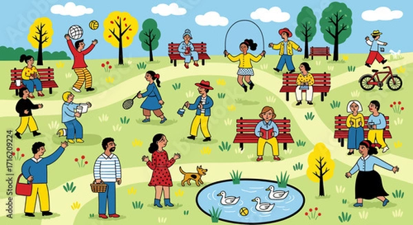 Fototapeta People Enjoying a Sunny Day in the Park  Diverse Group Activities and Leisure Time Illustration