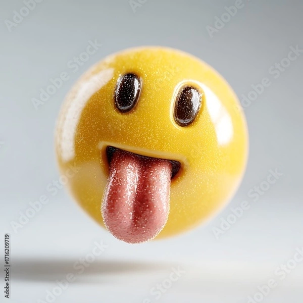 Fototapeta Gleaming yellow emoji face with protruding tongue and sparkling eyes image