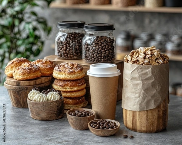 Obraz Display of baked goods, coffee beans, and drinks in a shop
