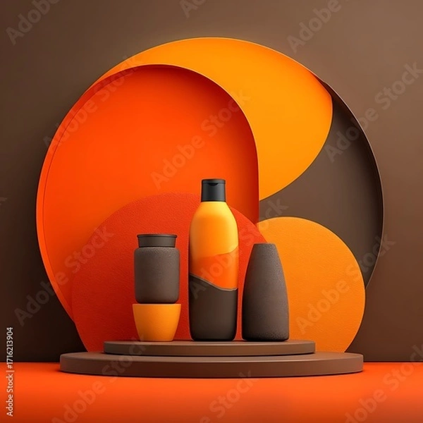 Fototapeta Orange brown abstract background with cosmetic bottles image