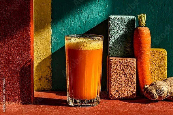 Fototapeta Orange carrot juice in glass with fresh carrot and ginger image