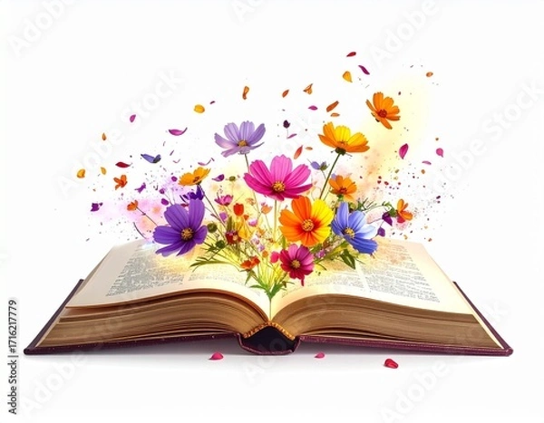 Fototapeta An open book with glowing pages, colorful flowers blooming and growing out, petals moving gently, dust particles floating in the air, isolated on plain white background, magical atmosphere