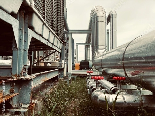 Fototapeta Large industrial pipes and a cooling tower at a factory or power plant, with a focus on the heavy-duty engineering and rugged outdoor setting. The image highlights the contrast between the worn metal 