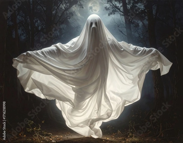Fototapeta Spooky Halloween Ghost A Scary Figure in the Woods Under a Full Moon