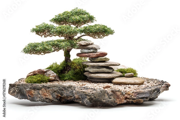 Fototapeta Serene miniature bonsai tree with stacked stones, moss, and pebbles, ideal for meditation, relaxation, and promoting a sense of calm and balance in any space