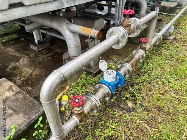 Fototapeta A close-up of a complex industrial piping system with red valves and a blue flow meter. The image, set outdoors, highlights the contrast between the shiny metal pipes and the overgrown grass, conveyin