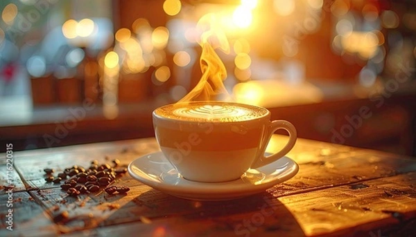 Fototapeta Cappuccino with Steaming Coffee Art on Rustic Wooden Table in Warm Light