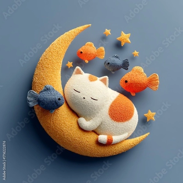 Fototapeta White and orange cat sleeping on crescent moon with fish image