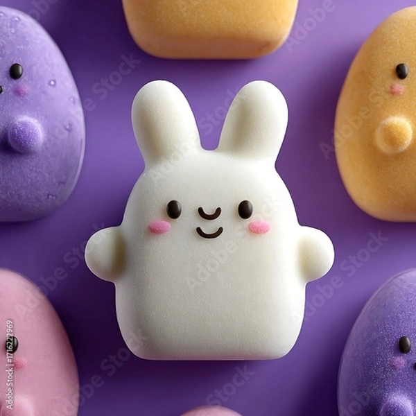 Fototapeta White bunny cake with pink cheeks and purple background easter