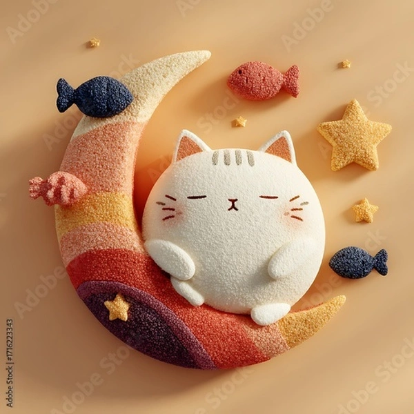 Fototapeta White cat sleeping on crescent moon with stars and fish image