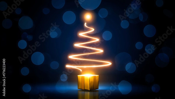 Obraz Festive Christmas Tree Made of Light with Golden Gift Box on a Dark Blue Bokeh Background Holiday Celebration