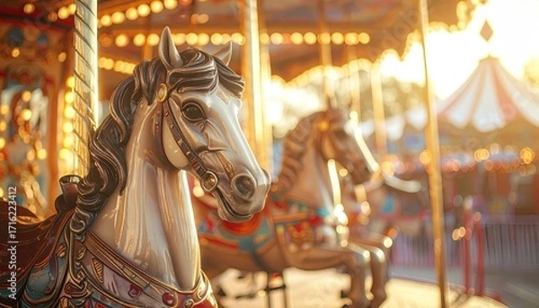 Fototapeta Carousel Horses with Ornate Detail and Warm Golden Light in an Amusement Park with Blurry Background Creates a Nostalgic Fairytale Theme