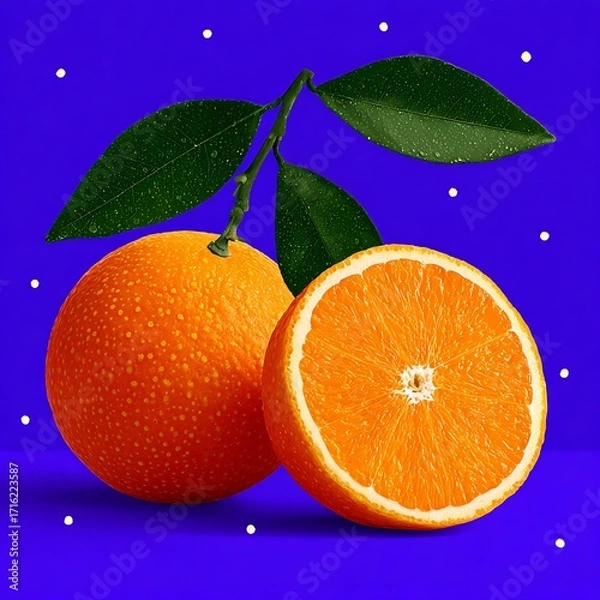 Fototapeta Whole and sliced orange with green leaves fruit citrus