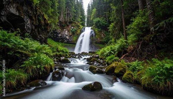 Fototapeta Cascading Waterfall in Lush Green Forest with Long Exposure Water Flow and Mossy Rocks Under Cloudy Sky