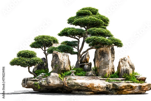 Fototapeta Stunning Zen garden with lush greenery and weathered rocks, perfect for meditation, relaxation, and creating a serene environment