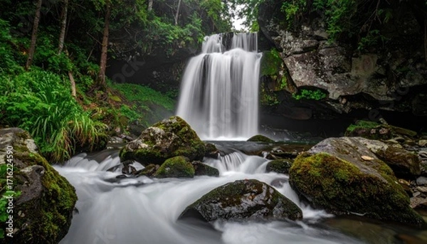 Fototapeta Cascading Waterfall Over Mossy Rocks in Lush Green Forest Scenic Landscape
