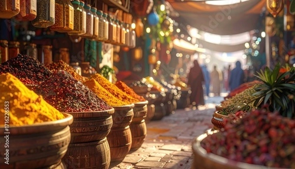 Fototapeta Bustling Moroccan Spice Market Display with Colorful Spices in Bowls and Overhead Lighting