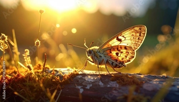 Fototapeta Butterfly Close Up on Mossy Log Under Golden Sunset Light Nature Macro Photography