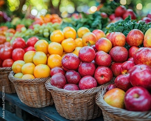 Obraz Fresh produce displayed in wicker baskets at a market