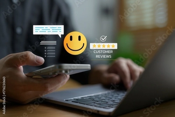 Fototapeta Customer review and satisfaction feedback with five star rating and smiley face icon,user experience evaluation on mobile device,digital service rating and client opinion