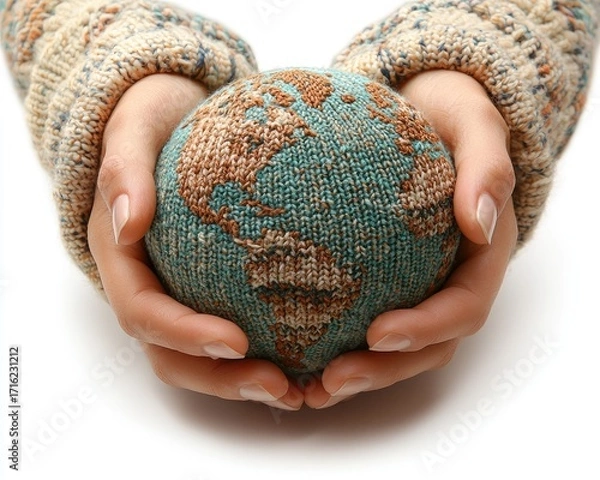 Fototapeta Hands holding a knitted globe