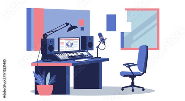 Fototapeta Modern recording studio workspace with audio equipment and microphone