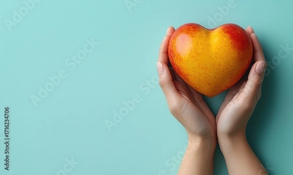 Obraz Heart-shaped peach held gently in hands against a soft teal background