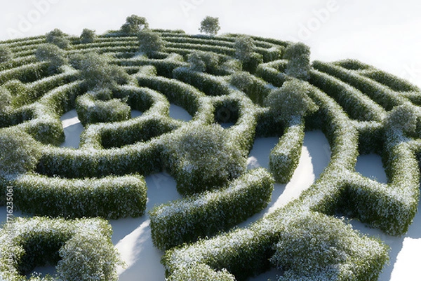 Fototapeta Intricate hedge maze with winding paths and flowering trees in a bright, sunny landscape, offering a sense of mystery and exploration