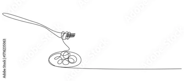 Fototapeta Single continuous line drawing of delicious spaghetti with fork. Italian spaghetti noodle for web banner and food delivery service.Vector illustration eps 10