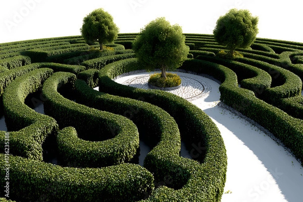 Fototapeta Labyrinth of meticulously manicured hedges with trees, offering a visually stunning and thought-provoking journey through a complex design