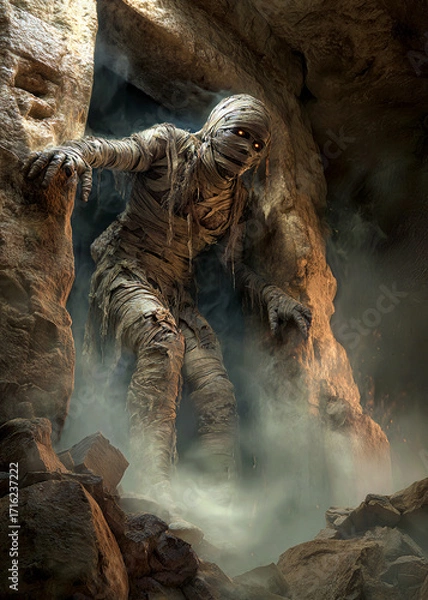 Fototapeta Deep inside an ancient tomb, a creature wrapped in tattered cloth emerges from the shadows, surrounded by swirling fog and rocky terrain, evoking a sense of adventure and mystery.