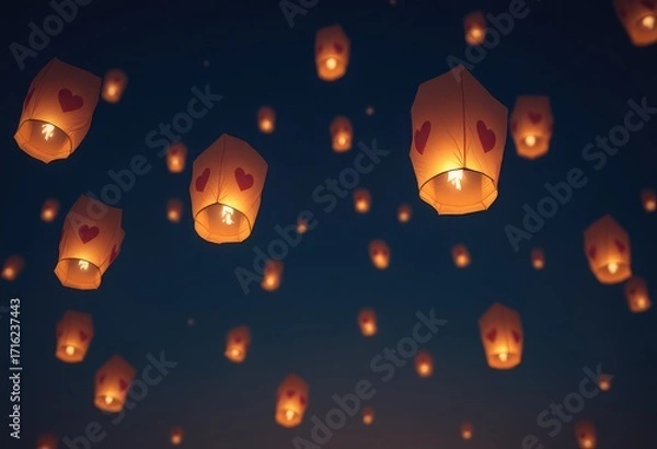 Fototapeta Many glowing lanterns with hearts float in dark night sky