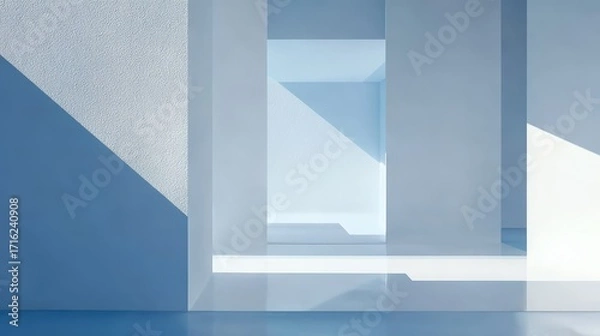 Fototapeta Minimalist architectural interior with geometric shapes and soft blue lighting