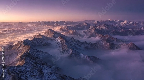 Fototapeta Aerial view of snow-capped mountain peaks rising above a sea of clouds at sunrise