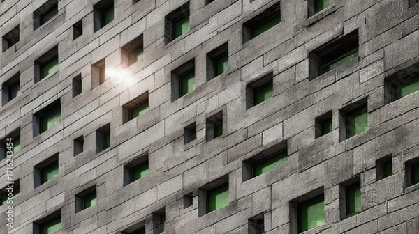 Fototapeta Modern building facade with geometric window pattern and green-tinted glass