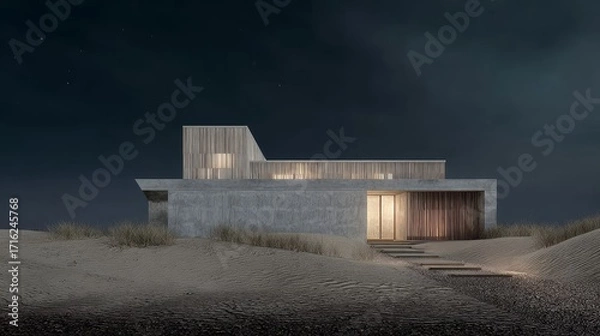 Fototapeta Modern minimalist house at night in a desert landscape with illuminated windows and wooden accents