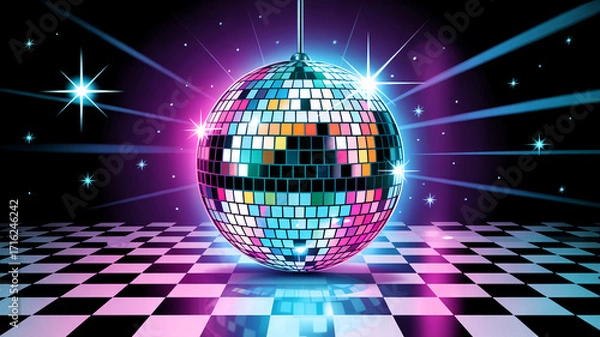 Fototapeta Shiny disco ball centerpiece casting dazzling reflections of colored lights on checkered dance floor with glowing starbursts, vintage retro 80s party atmosphere